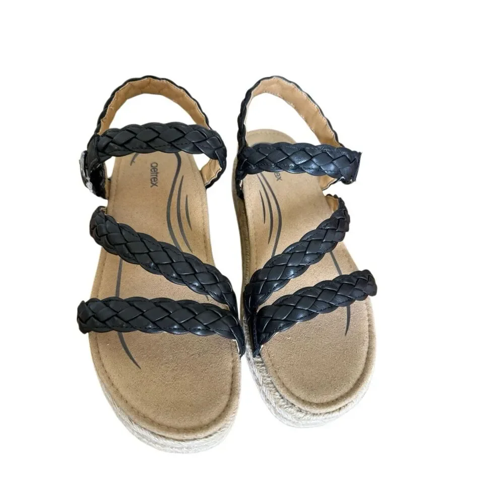 NEW Aetrex Julia Platform Sandal in Black Braided Leather NIB Arch Support, Boho